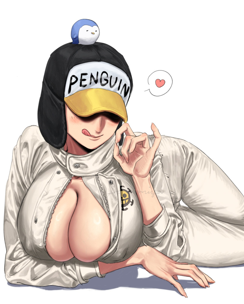 big_breasts blush canon_genderswap cleavage covered_eyes fellatio_gesture female female_only genderswap_(mtf) hat headwear jumpsuit licking_lips momimimiya nipple_bulge no_bra on_side one_piece penguin_(one_piece) rule_63 sexually_suggestive shaded_face shiku_shiku_no_mi smile solo thigh_gap tongue_out unzipped unzipped_bodysuit