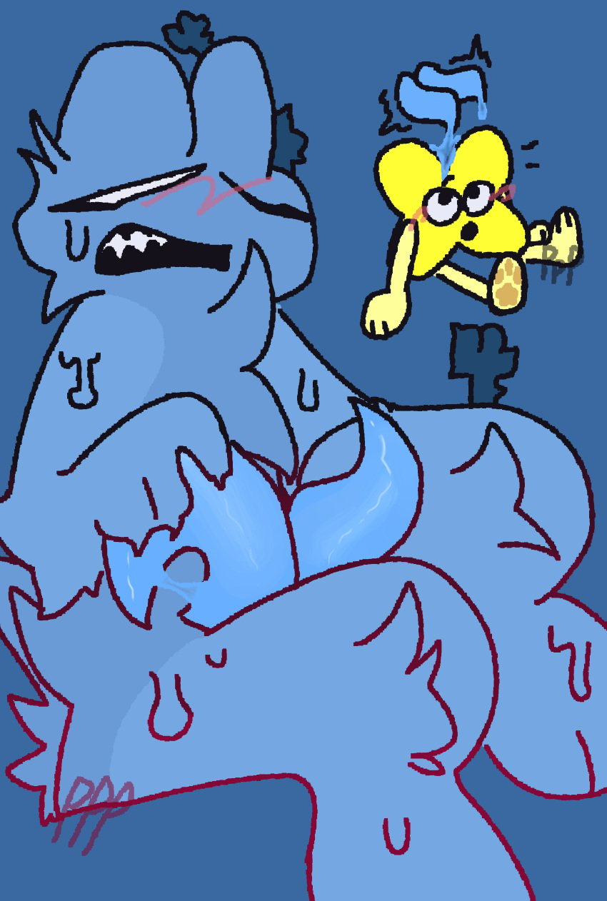 battle_for_bfb battle_for_bfdi battle_for_dream_island bfb bfdi blue_background blush_lines color colored dark_blue_background desert_four_(bfb) diphallia diphallism fluffy four_(bfb) male multi_penis object_shows open_mouth penis precum_drip precum_on_face precum_on_head x_(bfb)