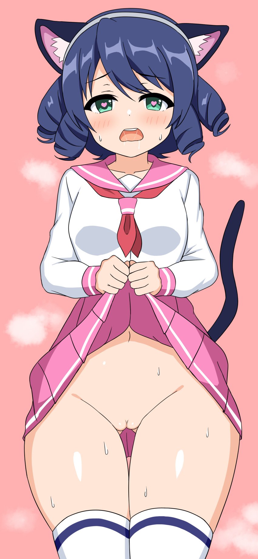 1girls blue_hair bottomless bottomless_female cat_ears cat_humanoid cat_tail catgirl cyan_(show_by_rock!!) cyan_hijirikawa drill_hair female green_eyes humanoid long_sleeves medium_breasts neckerchief nekomimi no_panties pink_sailor_collar pink_serafuku pink_skirt pussy red_neckerchief sailor_collar sailor_uniform saliva school_uniform schoolgirl serafuku short_hair show_by_rock!! skirt skirt_lift skirt_pull skirt_up stockings tail white_stockings