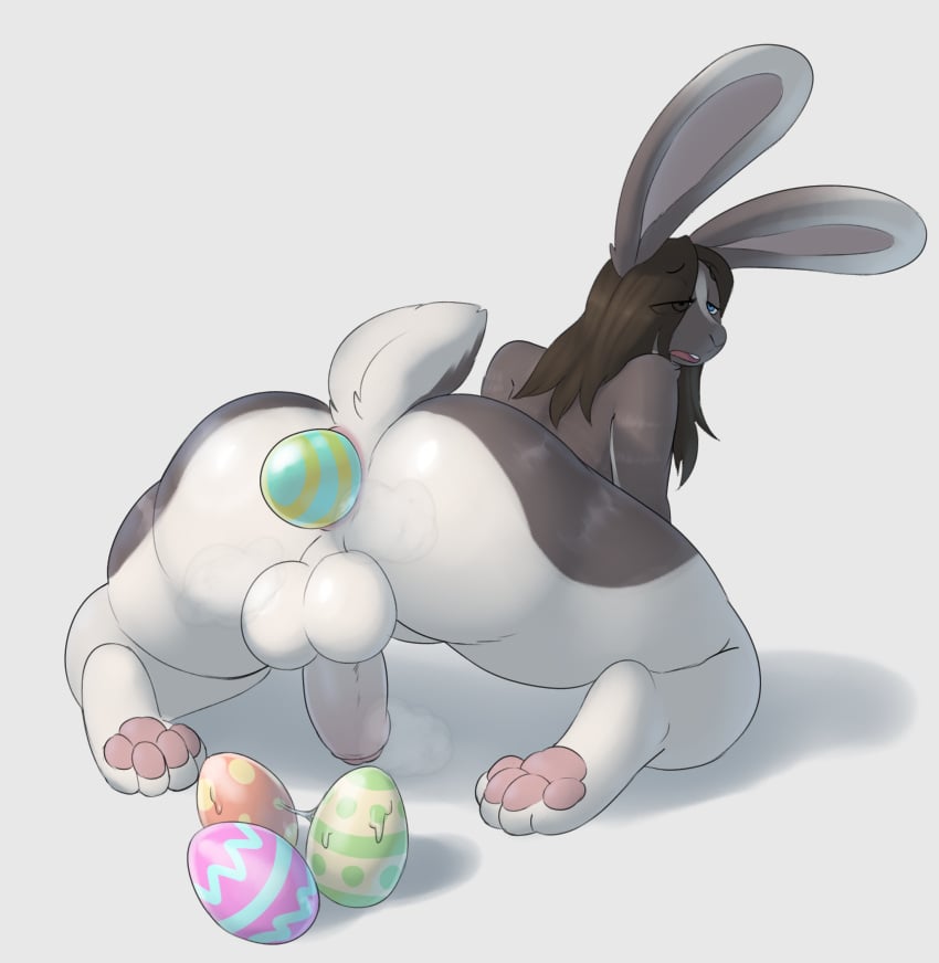 1boy all_fours anal_egg_laying anthro anus ass atherol balls blue_eyes bodily_fluids brown_body brown_fur brown_hair camille_(nerdshark) digital_media_(artwork) domestic_rabbit easter easter_egg egg egg_from_ass egg_laying erection flemish_giant foreskin fur genitals hair hi_res holidays humanoid_genitalia lagomorph leporid long_hair looking_pleasured male male_only mammal markings naked nude open_mouth oryctolagus pawpads penis rabbit simple_background solo tail white_background white_body white_fur