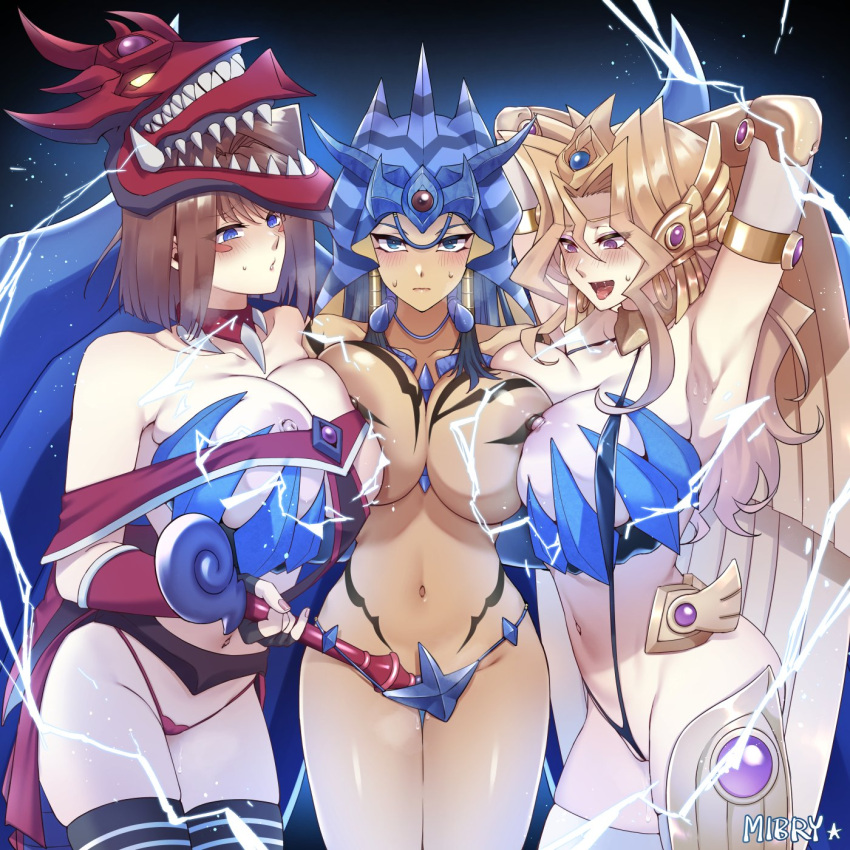 3girls alternate_breast_size alternate_costume armpits arms_behind_head artist_name black_hair blonde_hair blue_eyes blush breast_press breasts brown_hair choker comic cosplay dark-skinned_female dark_skin groping hair_tubes highres holding holding_wand ishizu_ishtar isis_ishtar kujaku_mai large_breasts long_hair mazaki_anzu mibry_(phrysm) multiple_girls nipples obelisk_the_tormentor obelisk_the_tormentor_(cosplay) purple_eyes saint_dragon_of_osiris saint_dragon_of_osiris_(cosplay) short_hair sky_dragon_of_osiris sky_dragon_of_osiris_(cosplay) slifer_the_sky_dragon slifer_the_sky_dragon_(cosplay) slingshot_swimsuit sweat swimsuit symmetrical_docking tea_gardner the_winged_dragon_of_ra the_winged_dragon_of_ra_(cosplay) wand yu-gi-oh! yu-gi-oh!_duel_monsters