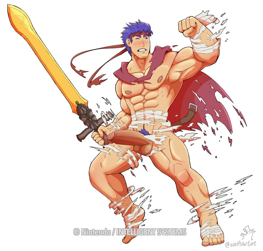 balls bandages bara big_balls big_penis blue_hair blush boner cape erection fire_emblem fire_emblem:_path_of_radiance fire_emblem:_radiant_dawn headband ike_(fire_emblem) male male_only masturbation muscles muscular nintendo one_eye_closed penis ragnell_(fire_emblem) ripped_clothing solo solo_male wolfshirtart