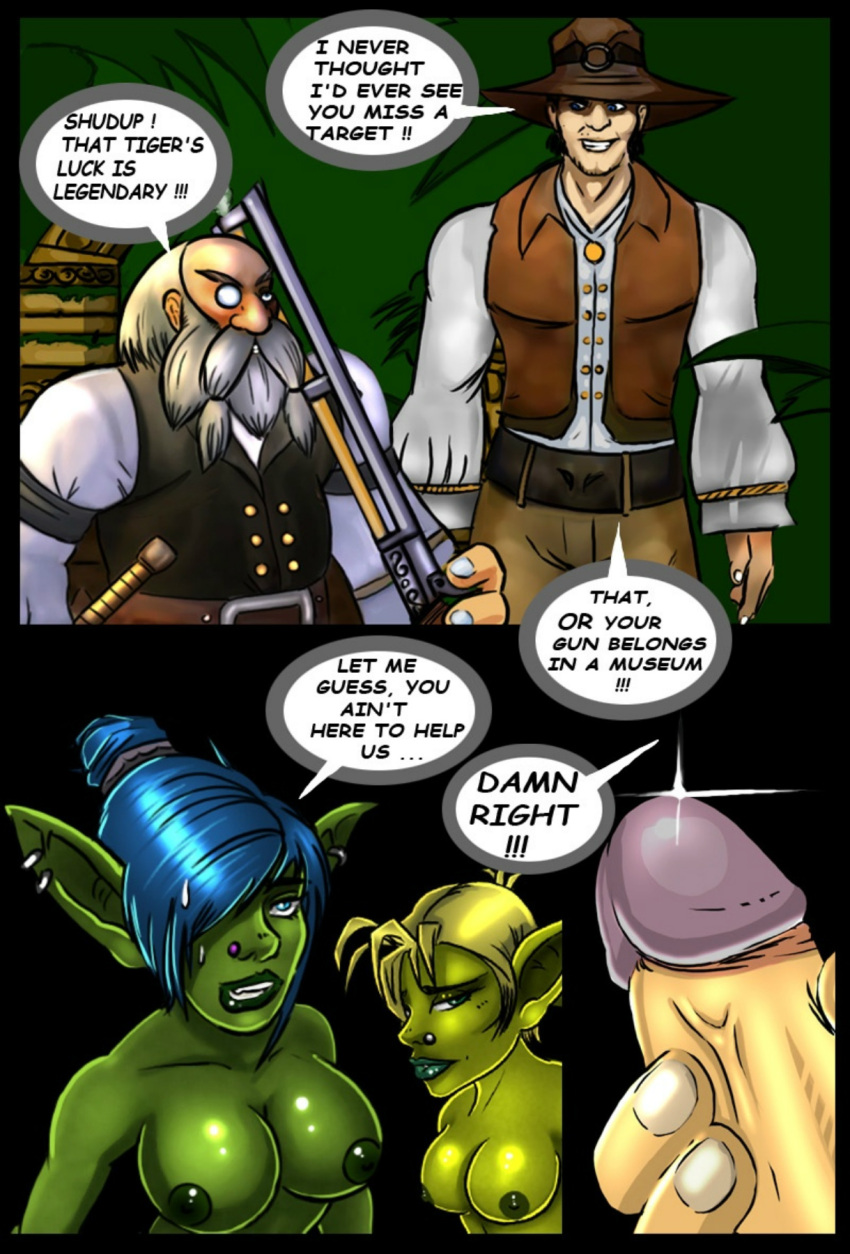 2boys 2girls big_breasts blizzard_entertainment comic comic_page dialogue dwarf dwarf_(warcraft) female goblin goblin_female green_skin harrison_jones hemet_nesingwary human human_(world_of_warcraft) light-skinned_male light_skin male penis shina shortstack warcraft world_of_warcraft