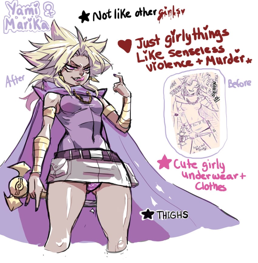 dark-skinned_female dark_skin genderswap_(mtf) miniskirt panties pantyshot print_panties rule_63 thick_thighs upskirt yami_marik yu-gi-oh!