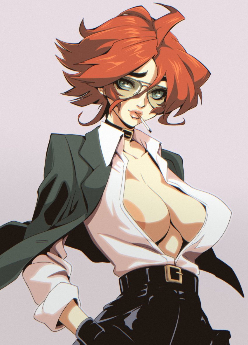 1girls areola_slip areolae balak belt blue_eyes choker cigarette cleavage female glasses green_eyes large_areolae large_breasts looking_at_viewer maxine_(balak) nipples open_shirt original pose red_hair sensual short_hair skirt smoking solo standing thick_eyebrows tomboy white_shirt