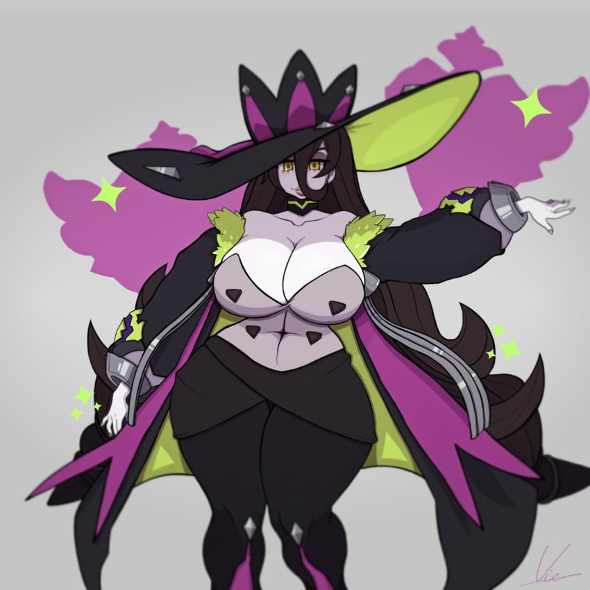 big_ass big_breasts brown_hair coat large_breasts long_hair pale-skinned_female pale_skin slut slutty_clothing slutty_outfit smash_legends thick_hips thick_legs thick_lips thick_thighs vic_drws witch_hat witch_queen_(smash_legends) yellow_eyes