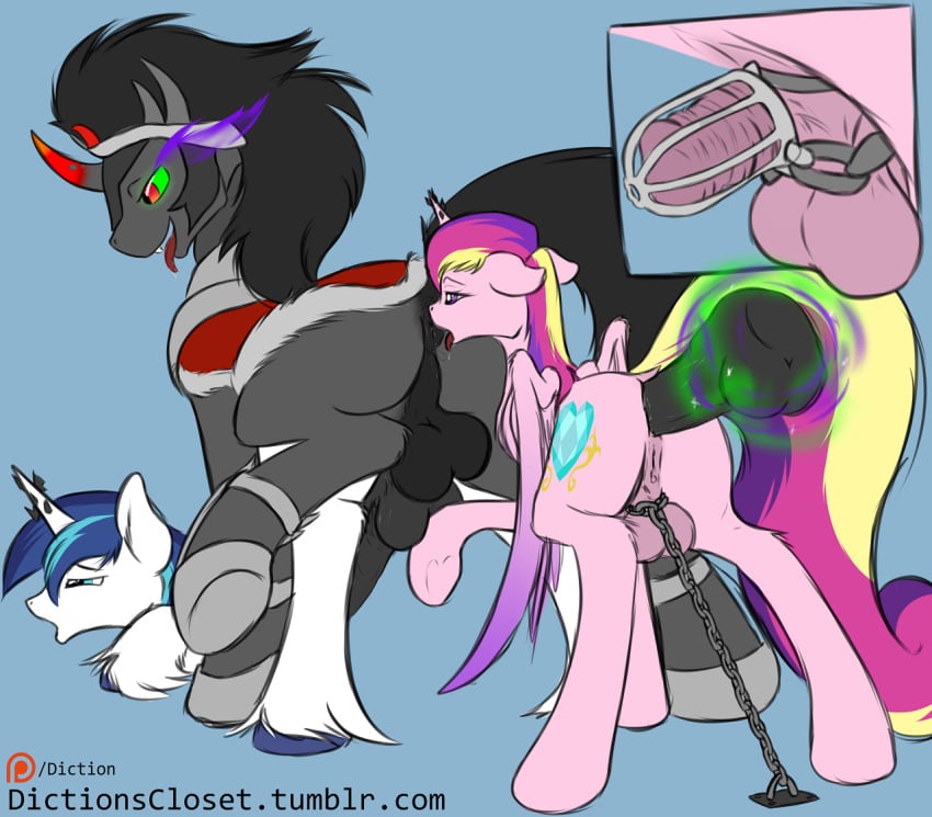 anal anal_sex balls bondage bound chained_to_floor chastity_cage chastity_device diction dildo dildo_in_ass dildo_insertion feral friendship_is_magic futanari genital_leash genitals group hasbro herm intersex intersex/male king_sombra_(mlp) leashed_balls magic_suppression male male/male my_little_pony object_in_ass open_mouth penetration princess_cadance_(mlp) pussy sex_toy sex_toy_in_ass sex_toy_insertion shining_armor_(mlp) trio