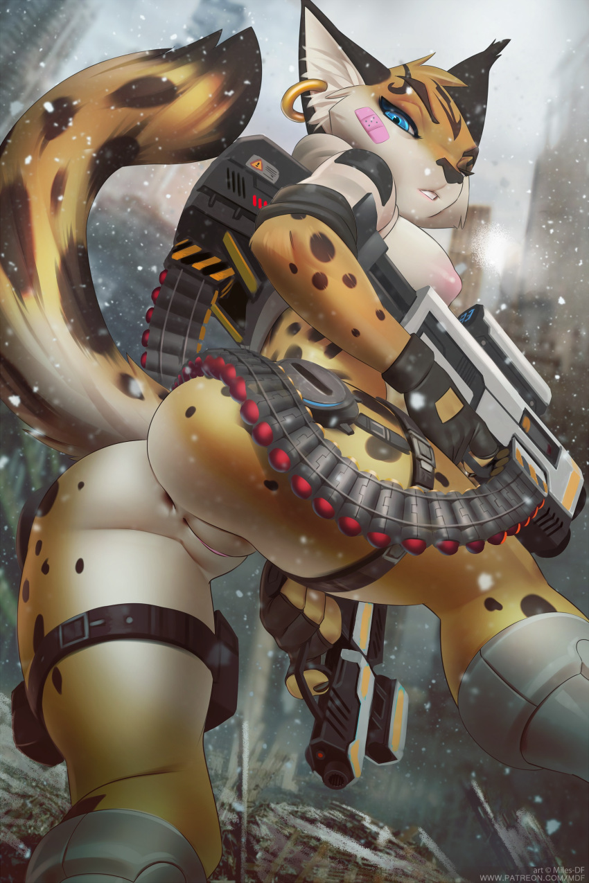 1girls ammo_belt ammunition anthro anthrofied anus anus_peek ass ass_focus big_breasts blue_eyes breasts feline feline_humanoid female female_anthro female_focus female_only from_behind fur furry furry_only gun huge_breasts looking_at_viewer mammal miles_df miyu_lynx nipples pink_nipples pistol pussy pussy_focus snout snow tail thick_ass thick_thighs weapon white_fur yellow_fur