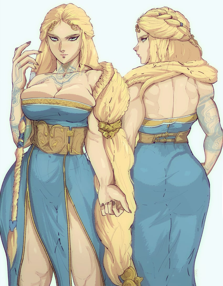 1girls aesir_(norse_mythology) ass ass_in_dress back_view belt big_ass big_breasts big_butt blonde_hair blue_dress blue_eyes braid braided_hair breasts clothed clothed_female female female_only front_view fully_clothed god_of_war god_of_war_ragnarok goddess hi_res hourglass_figure long_hair looking_at_viewer milf mother muscular muscular_female mythology norse_mythology santa_monica_studio sif_(god_of_war) solo sony_corporation sony_interactive_entertainment tattoo tattooed_arm tattoos thick_thighs thighs toned toned_female yoracrab