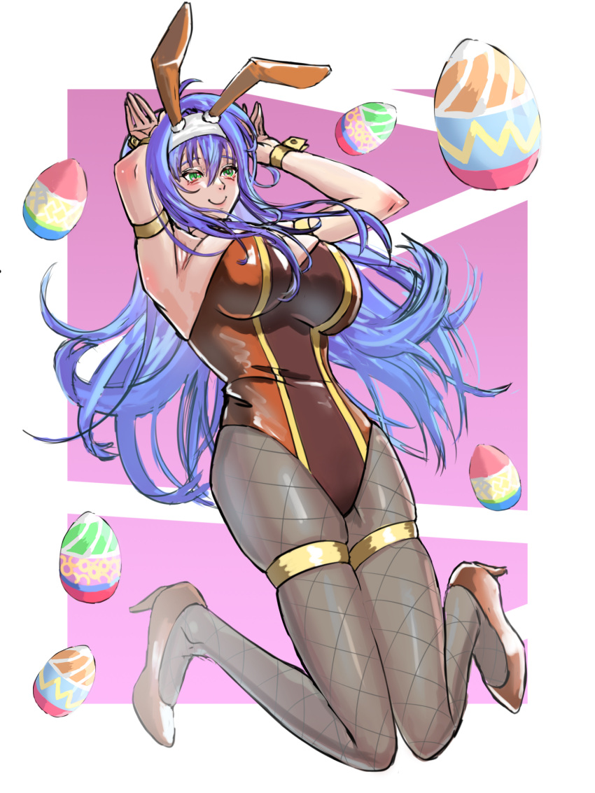 1girls alboeire alternate_costume breasts bunny_ears bunny_girl bunnysuit cleavage easter egg female female_only fire_emblem fire_emblem:_path_of_radiance fire_emblem:_radiant_dawn fishnet_legwear fishnets gesture green_eyes high_heels large_breasts leotard long_hair mia_(fire_emblem) nintendo pantyhose purple_hair smile solo very_long_hair