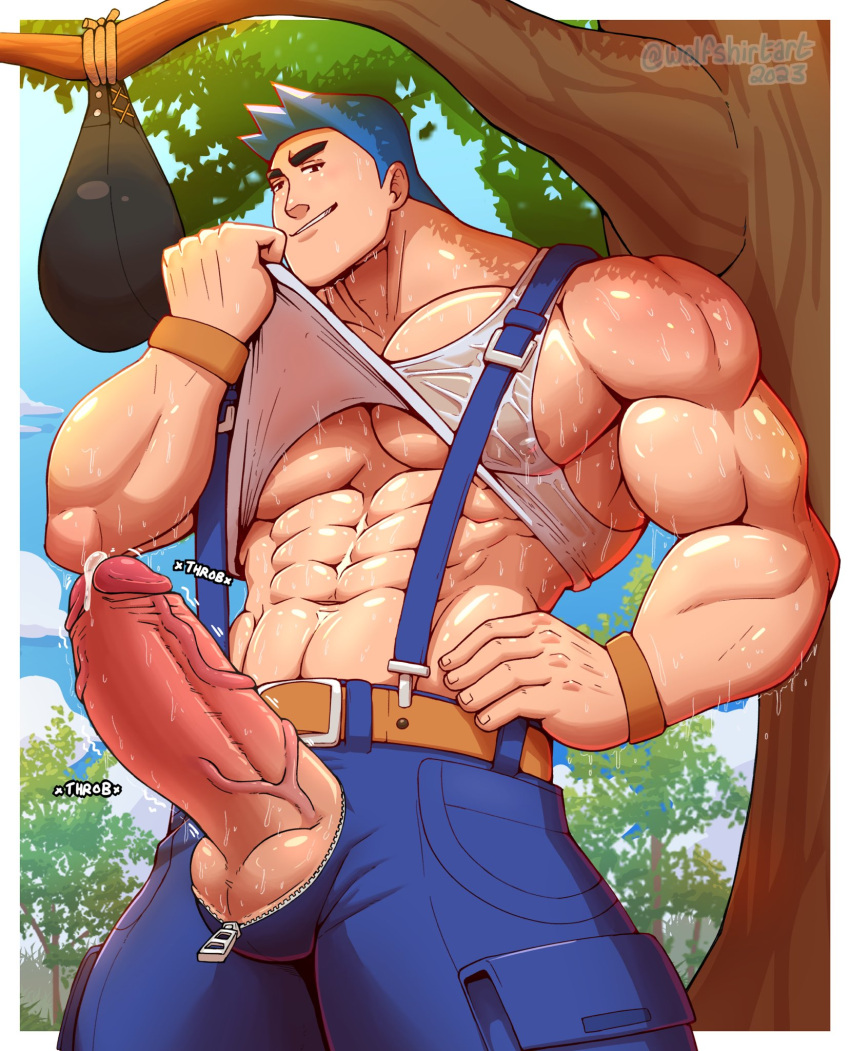 advance_wars balls bara big_balls big_penis blue_hair boner erection male male_only max_(advance_wars) muscles muscular muscular_male penis penis_out penis_through_fly shirt_lift solo solo_male sweat sweaty wet_clothes wolfshirtart