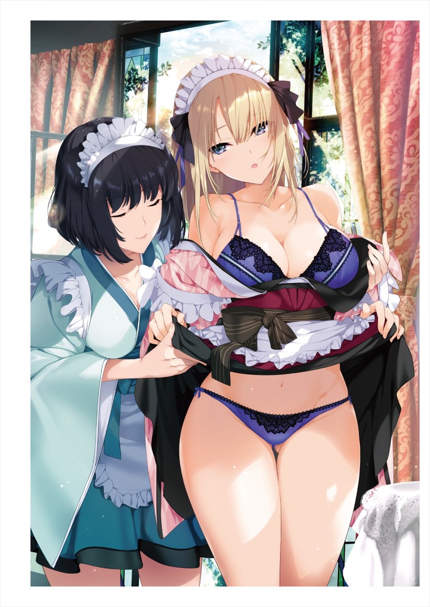 2021 2girls absurd_res ass_visible_through_thighs assisted_exposure black_hair blonde_hair blue_eyes bra breasts cleavage closed_eyes clothed clothing curtains eyebrows_visible_through_hair female female_only highres iizuki_tasuku indoors japanese_clothes kimono large_breasts leaning_forward lifted_by_self long_hair looking_at_viewer maid maid_headdress maid_uniform multiple_girls navel off_shoulder open_mouth original panties purple_bra purple_panties short_hair skirt_lift standing sunlight thick_thighs thighs tongue underwear undressing uniform window