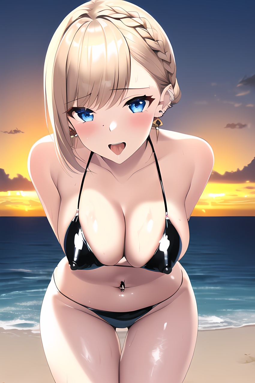 1girls ai_generated arms_behind_back beach bent_over bikini blonde_hair blue_eyes blush blush braided_bangs cleavage cloud clouds dark_blue_eyes earrings facing_viewer female female female_only large_breasts latex latex_bikini looking_at_viewer nai_diffusion navel_piercing nipple_bulge nipples nipples_visible_through_clothing ocean open_mouth original original_character platinum_blonde_hair shiny_clothes shiny_hair shiny_skin short_hair sideboob skinny skinny_girl stable_diffusion sunset thick_thighs thigh_gap upper_body wet wet_body wet_skin