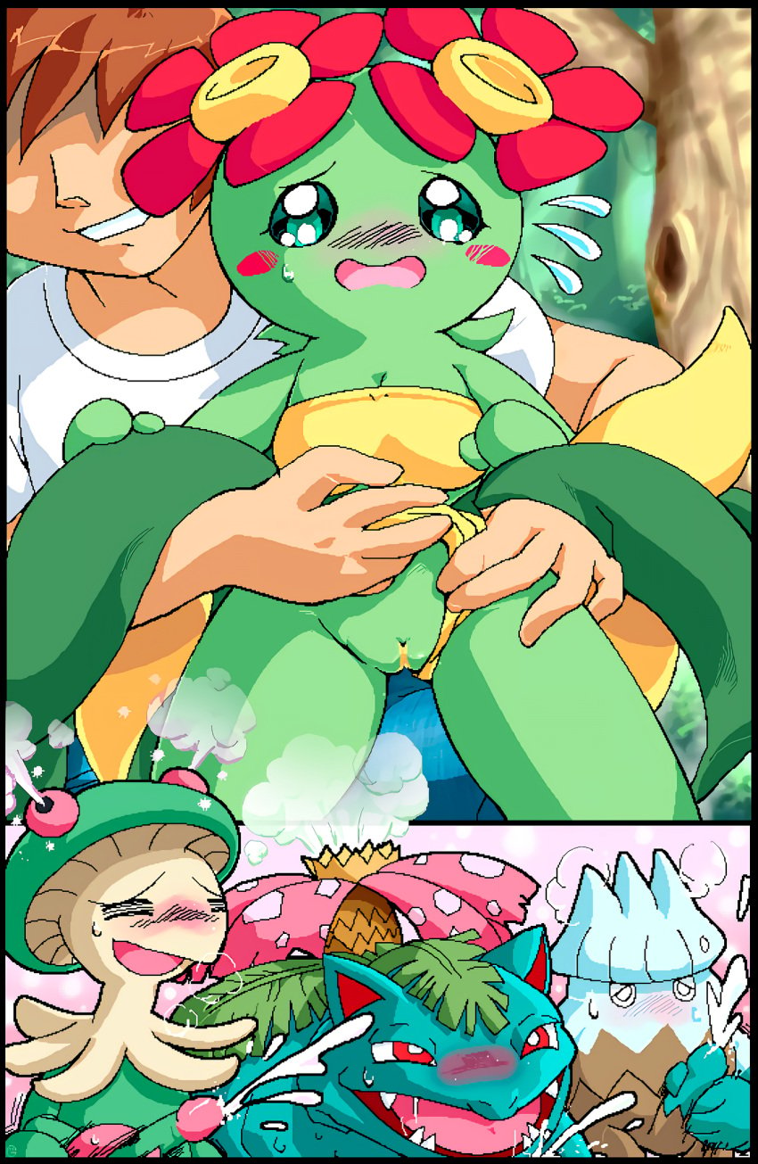 bellossom blush breloom closed_eyes cumshot embarrassed faceless_male g-sun game_freak green_eyes group_masturbation masturbation nintendo outdoors panties panties_aside panty_pull penis pokemon pokemon_(species) pussy red_eyes small_breasts snover venusaur white_eyes