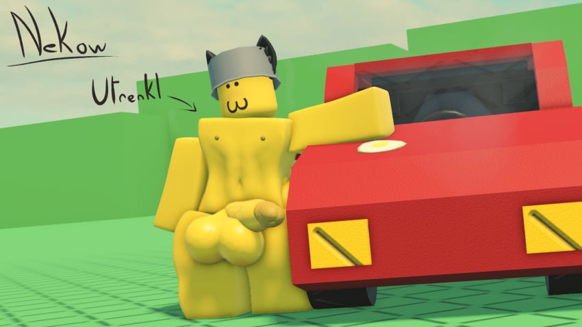 1boy 3d 3d_(artwork) :3 absurd_res ass balls big_balls big_penis car catmaidboyuwu erection femboy furry gay leo_(utrenkl) male male_only naked nude penis roblox robloxian simple_background small_but_hung solo standing yellow_body yellow_skin