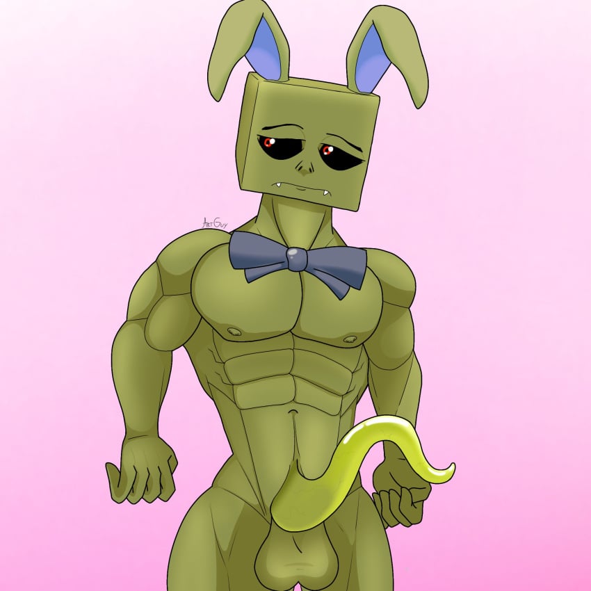 buff creeper creeper_(minecraft) creepy five_nights_at_freddy's fnaf gay green_body green_skin minecraft naked penis rabbit_ears red_eyes springtrap springtrap_(fnaf) yaoi