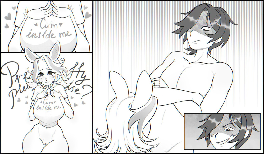 1boy 1boy1girl 1girls belly_button big_breasts blush breasts bunny bunny_ears bunny_girl comic comic_page cum_inside_request cumflation female finger_pointing grin grinning heart huge_breasts huge_tits inflation looking_at_another looking_at_viewer looking_down male male/female manga_style menacing monochrome no_panties nude_male pussy rabbit rachel_(velvetbunn) shirt_pull smile smirk smirking text text_on_clothing velvetbunn