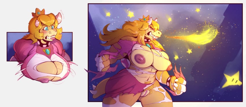 absurd_res anthro big_breasts big_nipples blonde_hair bracelet breast_expansion breasts claws clothing collar crown dress expansion female firebreathing genitals growth hair headgear hi_res horn human human_to_anthro jewelry koopa lips long_hair mammal mario_(series) muscular muscular_anthro muscular_female nintendo nipples pink_clothing pink_lips princess_koopa princess_peach pussy reptile scalie sharkrags solo species_transformation star super_mario_bros. tiara transformation wardrobe_malfunction