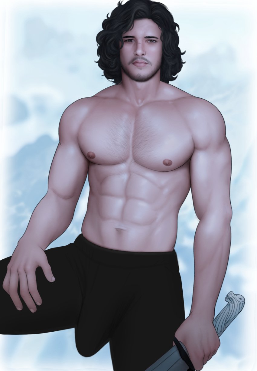 1boy abs actor biceps big_bulge bulge caucasian caucasian_male celebrity drawnpr0n game_of_thrones huge_bulge in_character jon_snow kit_harington looking_at_viewer male male_only muscles muscular muscular_male pecs shirtless_male smooth_chest smooth_skin solo solo_male