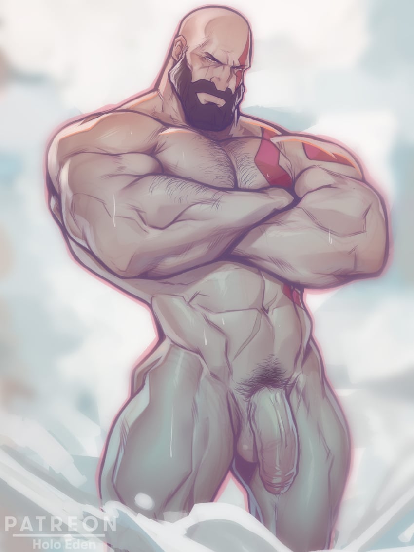 arms_crossed arms_crossed_under_pecs bald bald_man bara beard daddy dilf facial_hair flaccid flaccid_penis god_of_war holo_eden kratos male male_focus male_only muscular muscular_arms muscular_legs muscular_male nude nude_male nudity proud smirking smirking_at_viewer solo solo_male standing