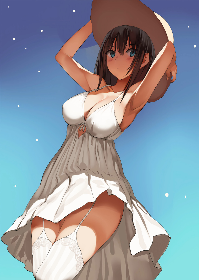 1girls blue_eyes cleavage dress female female_only garter_straps hat hi_res human kureha_(ironika) large_breasts original png simple_background solo thighhighs tsubasa_(kureha) white_dress