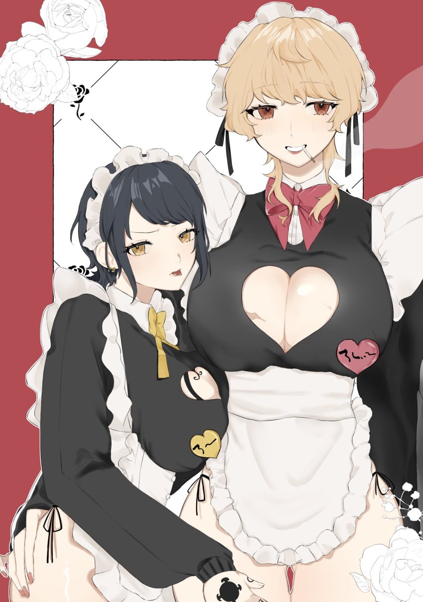 2girls 5_toge alternate_costume apron big_breasts black_hair blonde_hair blush brown_eyes canon_genderswap chest_tattoo cigarette cleavage cleavage_cutout color donquixote_rosinante female female_only genderswap_(mtf) grin hand_on_ass hand_on_butt heart_cutout height_difference light-skinned_female light_skin maid maid_headdress maid_uniform medium_hair one_piece pale-skinned_female pale_skin rule_63 scars short_hair shounen_jump side-tie_panties smile smoking tattoo tattoos thick_thighs thigh_gap tongue_out trafalgar_law trafalgar_law_(female) waist_apron wide_hips yellow_eyes