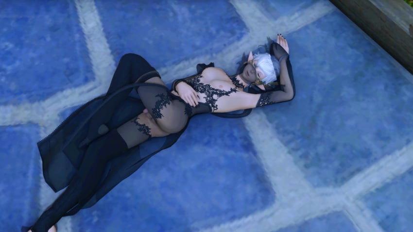 alphinaud_leveilleur black_dress feet femboy final_fantasy_xiv girly stirrup_legwear