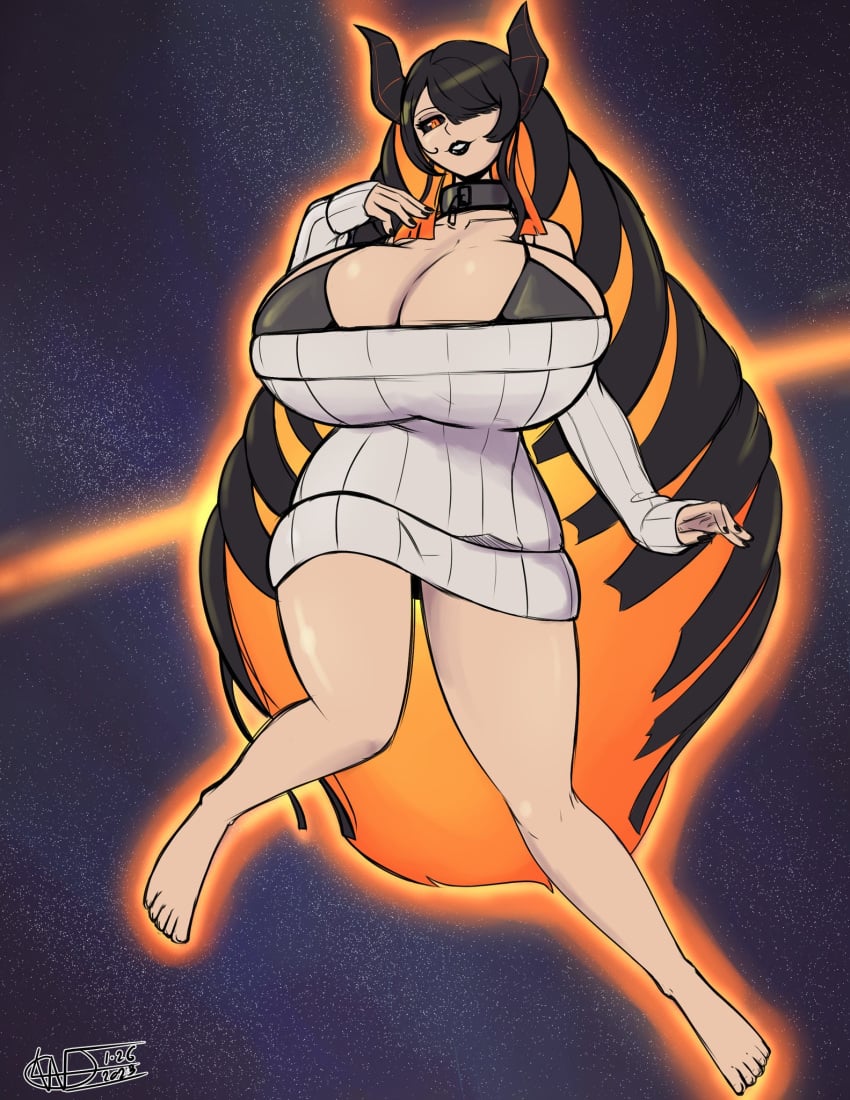 1girls barefoot black_bra bra enormous_breasts female female_only glowing hair_over_one_eye horns indie_virtual_youtuber light-skinned_female light_skin milla_noire_(vtuber) orange_eye seductive solo space staticsalamander sweater virtual_youtuber