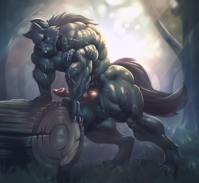 abs animal_genitalia animal_penis anthro big_muscles black_body black_fur bottomwear bulge canid canine canine_genitalia canine_penis canis claws clothing digitigrade erection forest fur genitals hi_res huge_muscles knot leaning leaning_on_object loincloth looking_at_viewer male mammal muscular muscular_anthro muscular_male muscular_thighs pecs penis plant rizzyofen smile smirk solo tree vein veiny_arms veiny_muscles veiny_penis were werecanid wolf