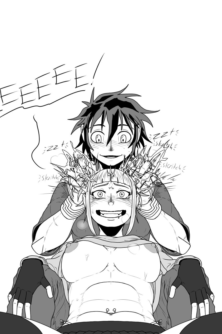 1boy 1girls black_and_white dialogue female hair hair_bun hair_fetish head_rub himiko_toga izuku_midoriya kiahl lobsterkiahl male muscular_male my_hero_academia pierced_belly_button piercing scar self_upload shounen_jump uncommon_stimulation