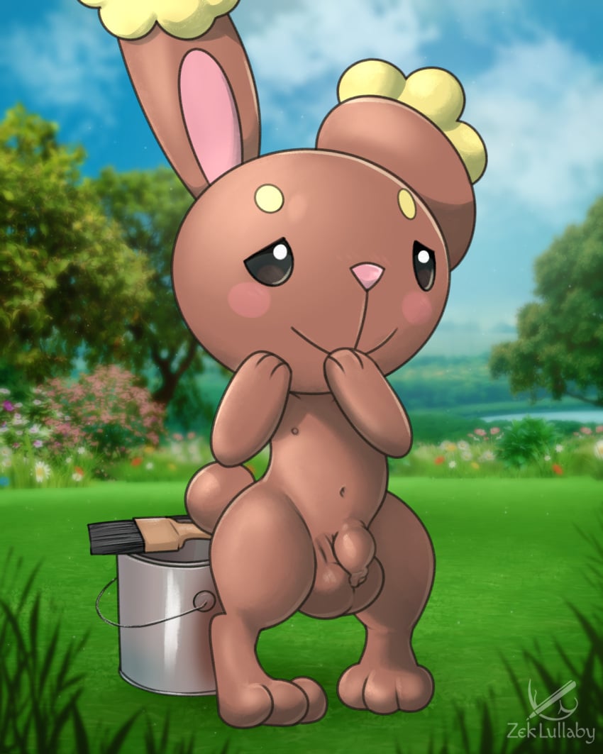 anthro balls big_balls blush brown_body brush bucket buneary container digital_media_(artwork) embarrassed_nude_male flaccid fur generation_4_pokemon genitals hair hi_res humanoid_genitalia lagomorph male mammal meadow nintendo nipples nude penis pokemon pokemon_(species) small_penis solo zeklullaby