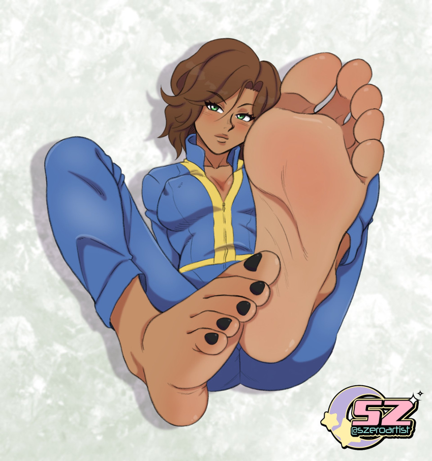 atomis barefoot bethesda_softworks black_toenails blank_background brown_hair brown_skin fallout feet_together female_focus female_only oc petite_female soles szeroart toes vault_suit