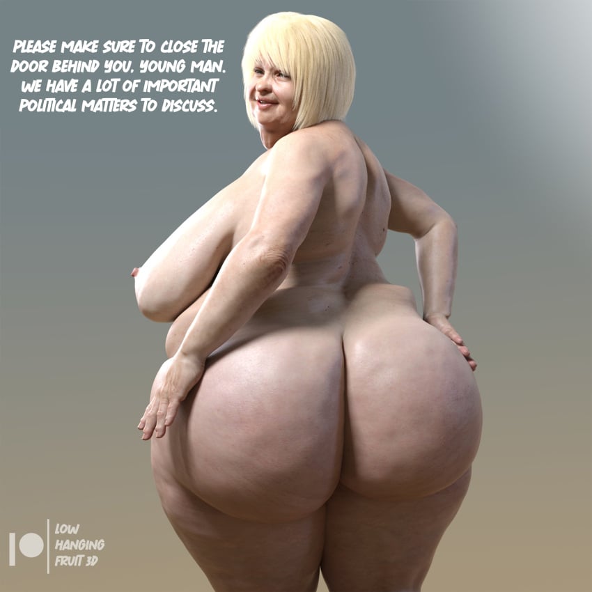 3d 3d_(artwork) areolae ass bbw big_ass big_breasts blonde_hair blue_eyes breasts butt_focus daz3d daz_studio dialogue eleanor_westwood_(lhf3d) fat fat_ass fat_woman female gilf granny hand_on_butt hips large_ass large_breasts looking_at_viewer lowhangingfruit3d_(artist) mature_female nipples nude nude_female old_woman original_character overweight overweight_female pinup solo solo_female solo_focus thick_ass ugly_bitch ugly_female ugly_woman wide_hips