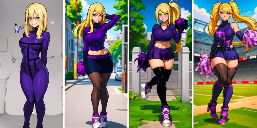 ai_generated bimbo bimbofication blonde_hair cheerleader corruption high_heels lisa_wilbourn mind_control parahumans tattletale_(worm) thick_thighs transformation wide_hips