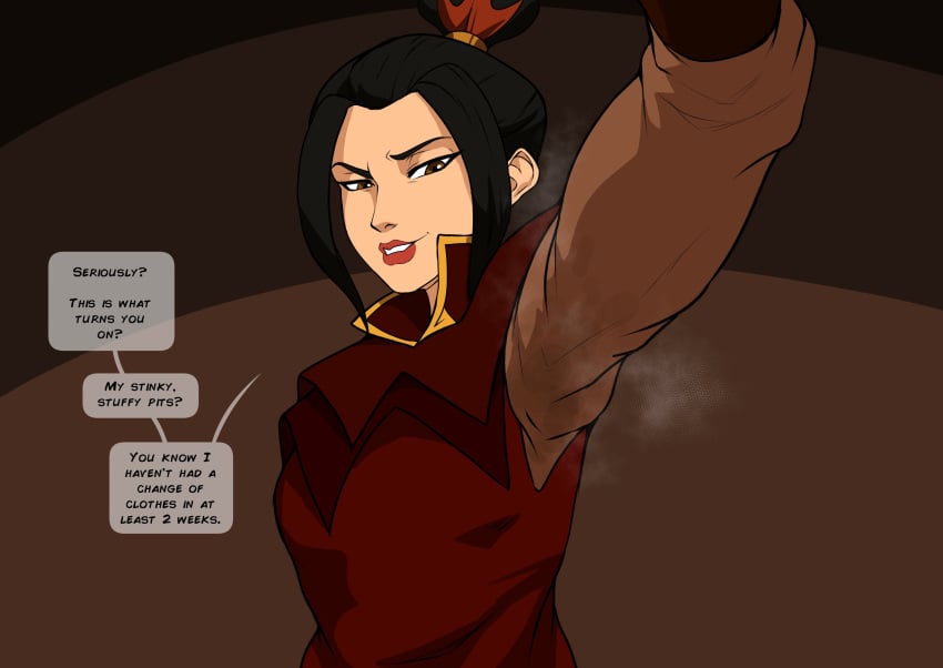 1girls armpit armpit_fetish armpits avatar_legends avatar_the_last_airbender azula black_hair dialogue english_text female femdom fire_nation kokobiel smell smelly smelly_armpits solo speech_bubble steam steamy_armpits text