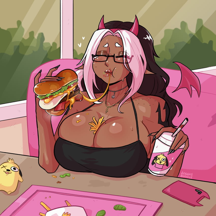 bacon beef breast_rest breasts_on_table brown_hair cheese cleavage dark_skin demon demon_girl demon_horns demon_wings eating eating_hamburger food french_fries fried_egg fries glasses hamburger koni_(loggus_doggus) large_breasts lettuce loggus_doggus meat onion original_character original_characters tomato toy white_hair white_highlights wings