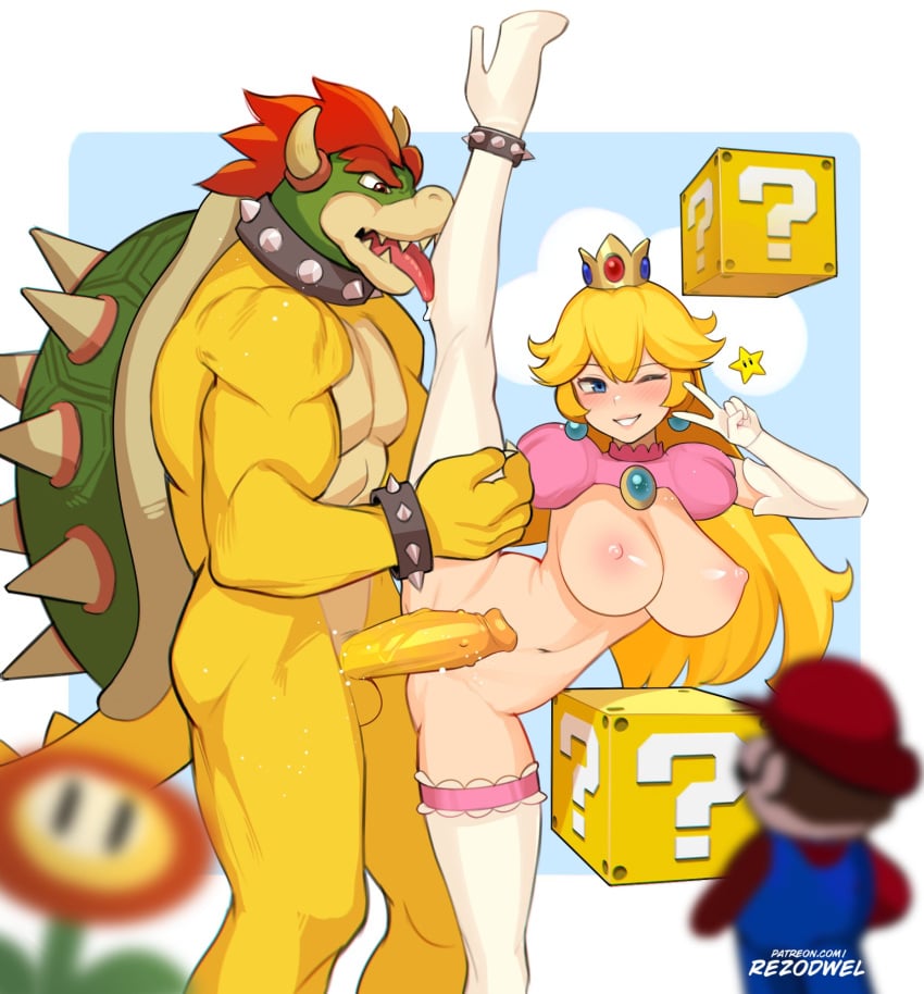 1girls 2boys ?_block blonde_hair blurry blurry_foreground blush bowser bracelet breasts crown elbow_gloves erection female fire_flower furry gloves grin hat highres jewelry large_breasts long_hair looking_at_another male mario mario_(series) measuring_penetration_depth multiple_boys navel netorare nipples one_eye_closed penis pose princess_peach red_hair red_headwear rezodwel smile spiked_anklet spiked_bracelet spikes split standing standing_on_one_leg standing_split star super_mario_bros. thighhighs turtle_shell uncensored v white_gloves white_thighhighs wink