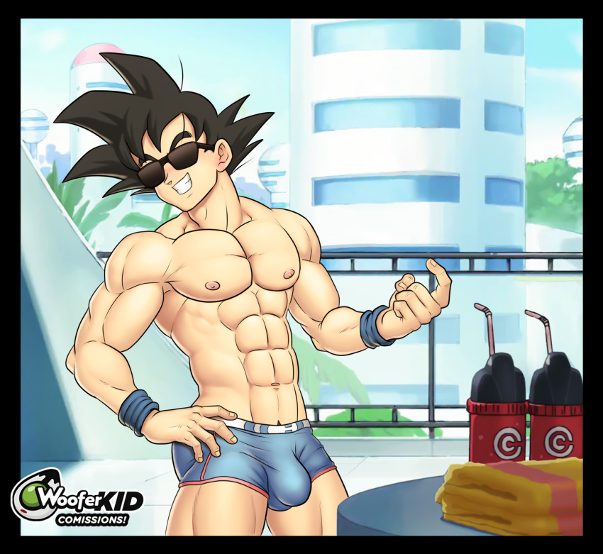 balls black_hair bulge dragon_ball dragon_ball_z hand_on_hip male male_focus male_only muscles muscular penis saiyan smiling solo solo_male son_goku sunglasses underwear woofer_kid