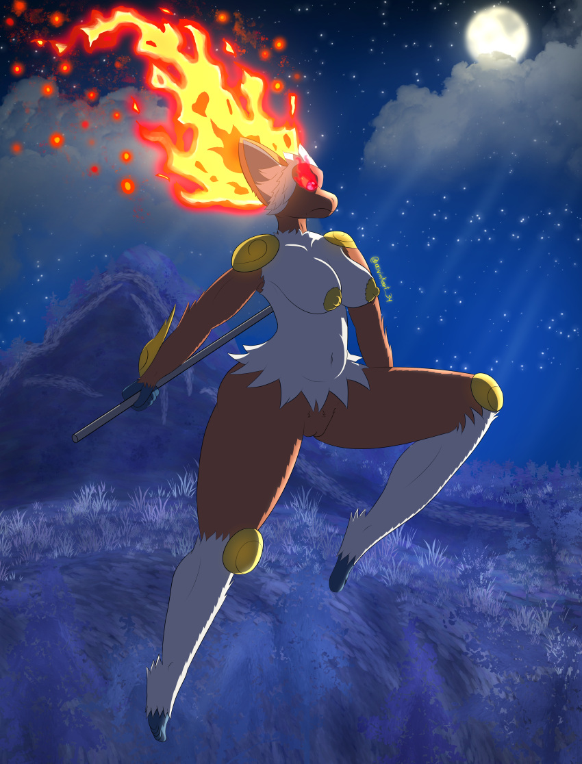 2022 absurd_res alpha_pokémon alpha_pokemon angry anthro armor asvinkart-34 belly breasts brown_body brown_fur cloud detailed_background digital_drawing_(artwork) digital_media_(artwork) feet female fire fur generation_4_pokemon genitals grass hi_res infernape jumping light mammal moon moonlight navel nintendo plant pokemon pokemon_(species) pokemon_legends_arceus primate pussy signature solo white_body white_fur