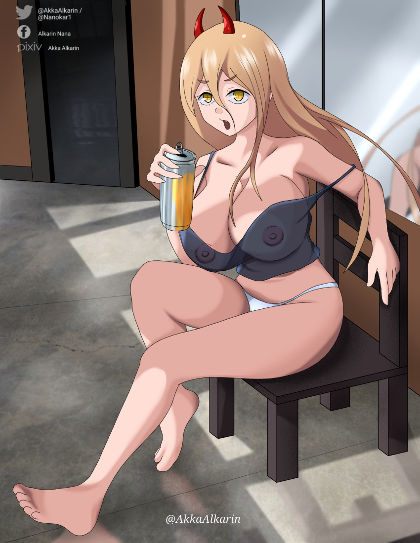 1girls akka_alkarin alternate_version_available areolae barefoot big_breasts breasts chainsaw_man chair devil_horns ecchi female female_only full_body hentai horns nipples nipples_visible_through_clothing open_mouth orange_hair panties partially_clothed power_(chainsaw_man) red_eyes sitting sitting_on_chair small_panties solo solo_female white_body white_panties yellow_eyes