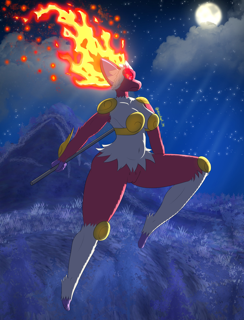 2022 absurd_res alpha_pokémon alpha_pokemon angry anthro armor asvinkart-34 belly breasts cloud detailed_background digital_drawing_(artwork) digital_media_(artwork) feet female fire fur generation_4_pokemon genitals grass hi_res infernape jumping light mammal moon moonlight navel nintendo pink_body pink_fur plant pokemon pokemon_(species) pokemon_legends_arceus primate pussy signature solo white_body white_fur