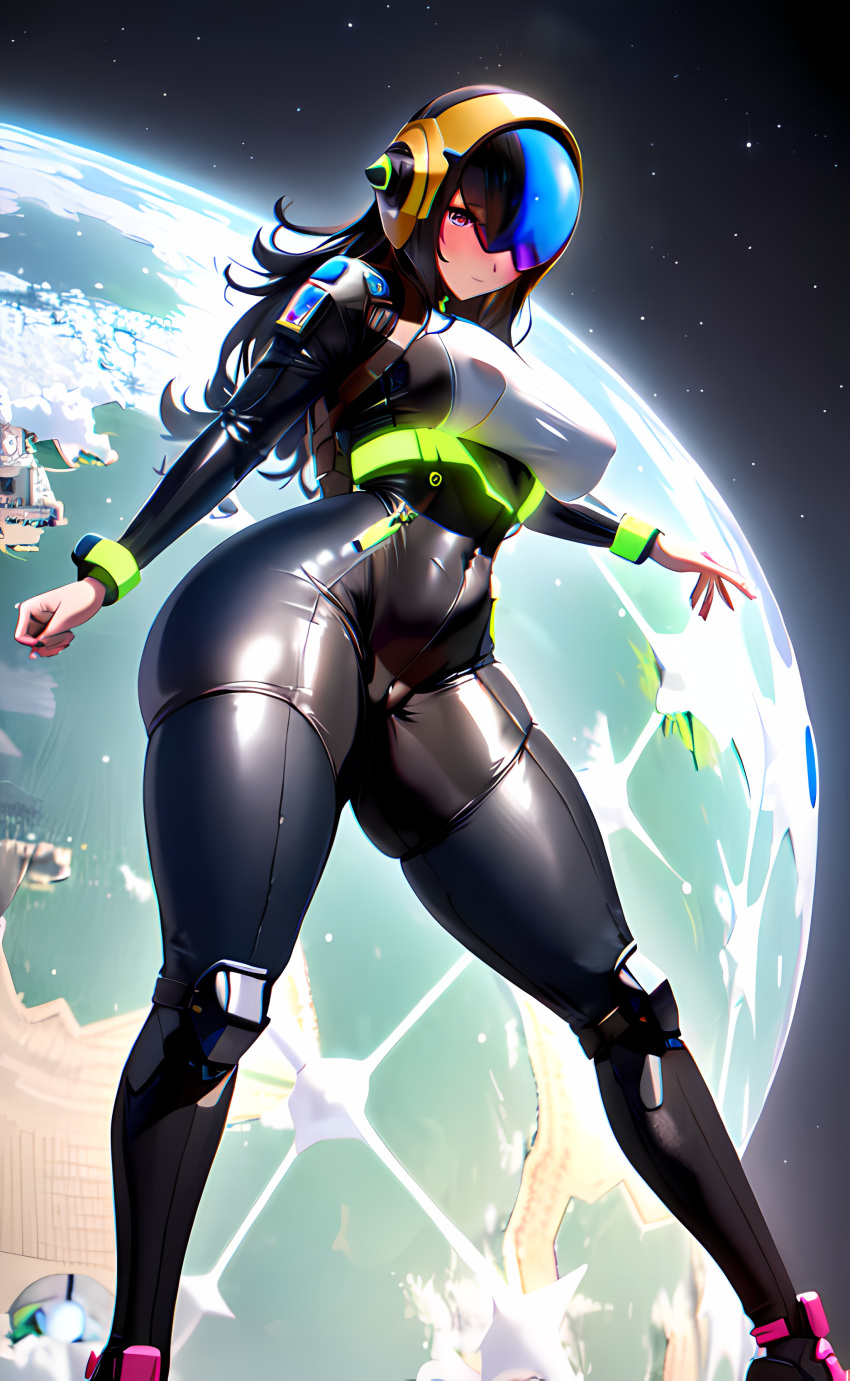 ai_generated arms ass bodysuit breasts coomer_ai eyes face female full_body hair helmet humanoid legs limbs long_hair planet space stable_diffusion