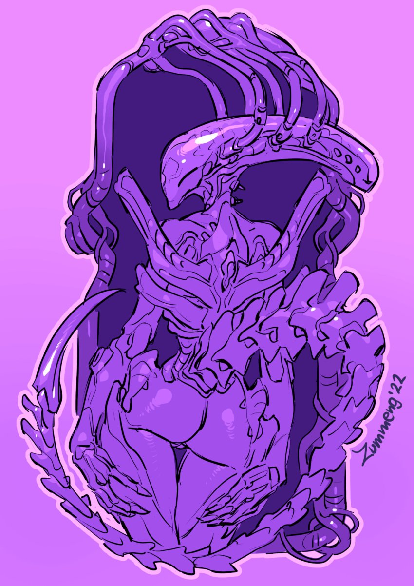 alien alien_(franchise) ass big_butt exoskeleton faceless_character female genitals hand_on_leg hand_on_thigh hi_res humanoid looking_at_viewer purple_body pussy solo tail thick_thighs wide_hips xenomorph zummeng