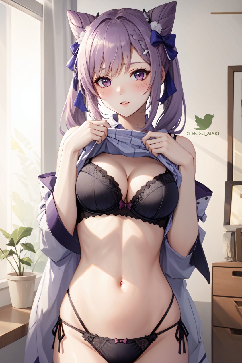 1girls ai_generated belly belly_button blue_eyes blush bra breast_squeeze breasts clothes_lift cute embarrassed female female_only genshin_impact keqing_(genshin_impact) lingerie midriff panties plant purple_hair room setsuaiart shy thighs twitter_username vision_(genshin_impact) window