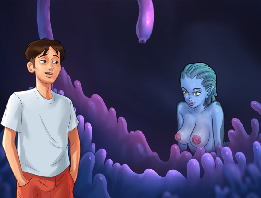 1boy 1girls 2d alien alien_girl alien_humanoid aqua_(summertime_saga) areolae blue_body blue_skin bottomless bottomwear breasts brown_hair clothed clothing completely_nude completely_nude_female darkcookie digital_drawing_(artwork) digital_media_(artwork) duo horny horny_female light-skinned_male light_skin looking_at_another looking_at_partner main_character_(summertime_saga) male male/female medium_breasts nipples nude nude_female pants perky_breasts shirt shorts smile smiling standing summertime_saga tentacle tentacle_hair topless topwear waiting