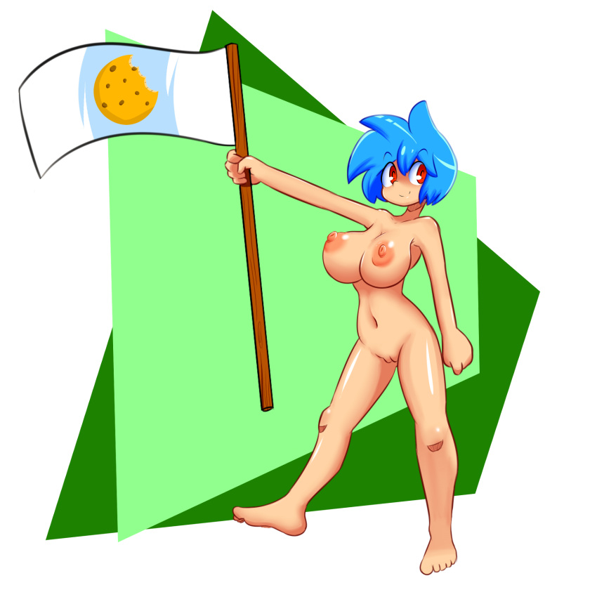 1girls areolae barefoot big_breasts blue_hair breasts completely_nude completely_nude_female cookie female female_only flag full_body fuppy-jr holding holding_flag holding_object looking_to_the_side naked naked_female nipples nude nude_female original original_character pussy red_eyes short_hair smile solo solo_female