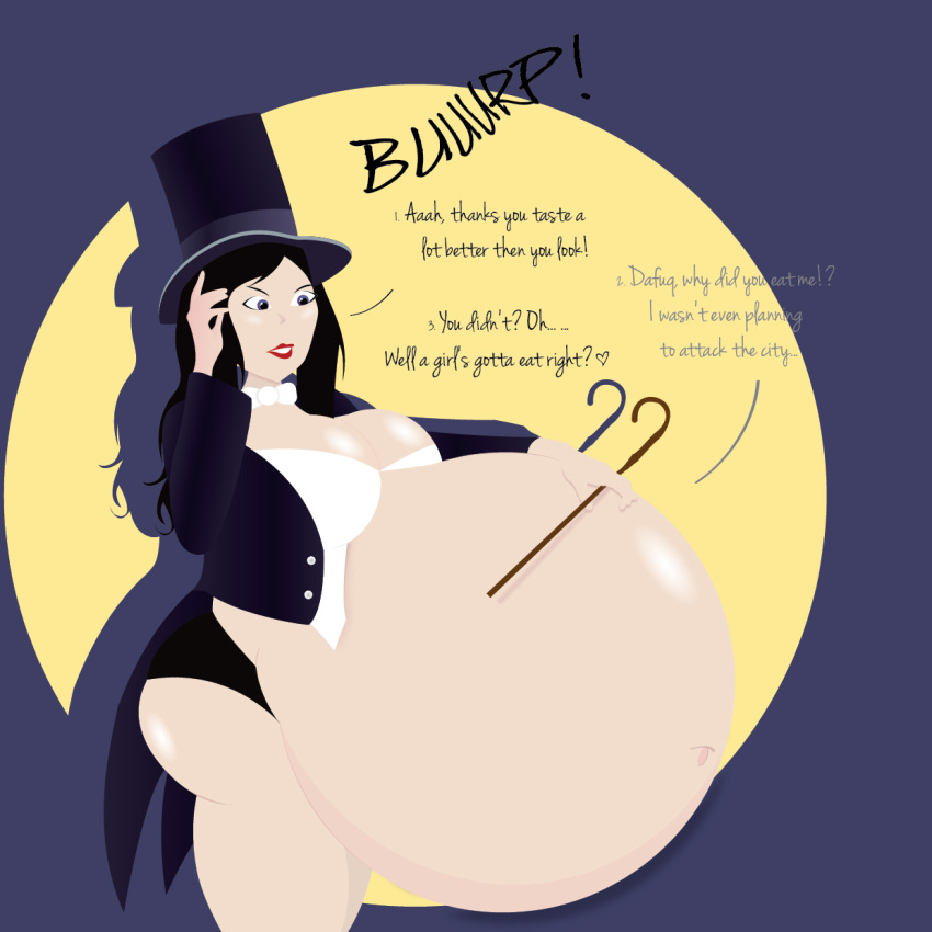 ass belly big_ass big_belly big_breasts black_hair breasts burp burping cleavage dc dc_comics dialogue dustinmieye female_pred same_size_vore text thick_thighs thighs vore zatanna zatanna_zatara