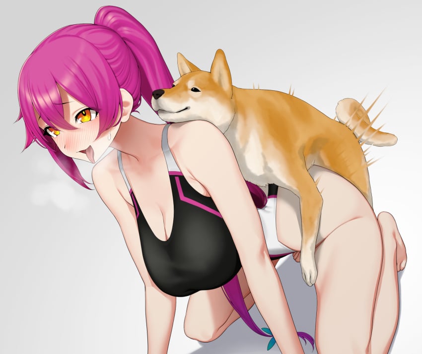 ahe_gao all_fours ambiguous_penetration barefoot big_breasts blush breasts canine cleavage clothed_female clothed_sex doggy_style dominant_feral female female_human/male_feral female_on_feral femsub gishu huge_breasts long_hair magenta_hair male maledom one-piece_swimsuit open_mouth orange_eyes ponytail purple_hair sex shiba_inu straight sweat sweatdrop swimsuit tongue tongue_out zoophilia