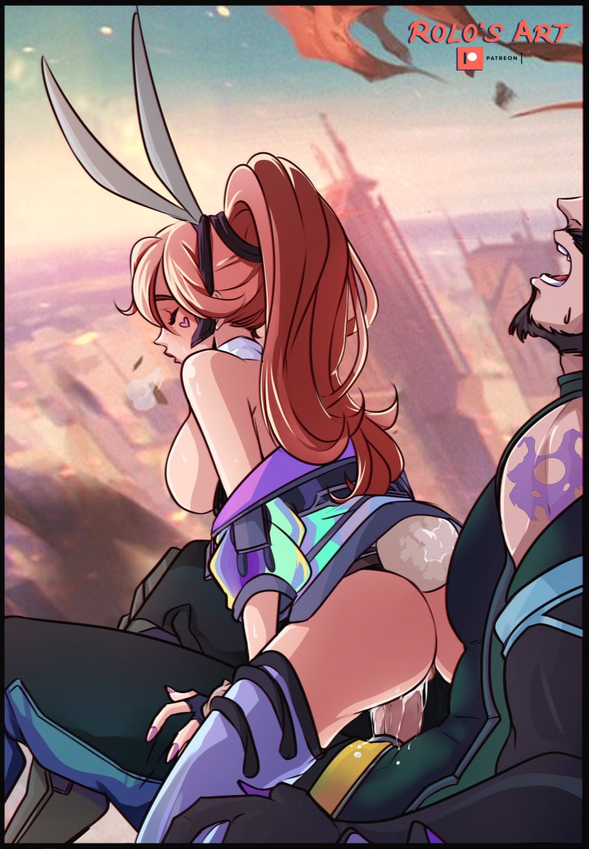 1boy 1girls anima_squad_series ass battle_bunny_miss_fortune battle_bunny_series battle_wolf_sylas bunny_ears bunny_girl closed_eyes cowgirl_position cum cum_in_pussy eyeless_male female league_of_legends male miss_fortune nail_polish penis pink_nails red_hair riding riding_penis rolo's_art sex straddling sylas