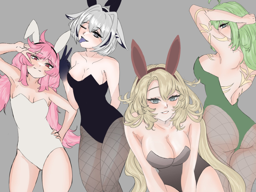 4girls big_breasts blonde_hair blue_eyes bunnysuit eien_project fake_animal_ears fake_rabbit_ears green_hair grey_eyes kiki_lockheart kilia_kurayami kurusu light-skinned_female light_skin looking_at_viewer multiple_girls pink_hair red_eyes riifu_evergreen seductive silver_hair skye_shinryu small_breasts tongue tongue_out v_sign virtual_youtuber